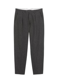 Grijze wollen broek met een slimfit, voorzien van plooien, zijzakken en een ritssluiting. Zachte textuur met een subtiel patroon.
