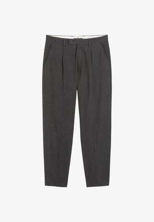 Gray wool trousers with a tailored fit, featuring pleats, side pockets, and a zipper closure. Smooth texture with a subtle pattern.