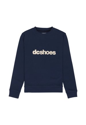 Marineblauwe sweatshirt met lange mouwen, geribde manchetten en zoom, met witte tekst "dcshoes" centraal op de borst.