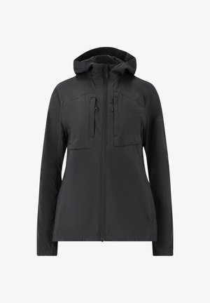Zwarte lichtgewicht capuchonjas met voorkeursrits en ritszakken op de borst, voorzien van lange mouwen en een gladde stofstructuur.