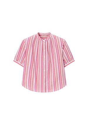 Korte mouwen blouse met knopen, met verticale roze, witte en oranje strepen en een ronde hals.