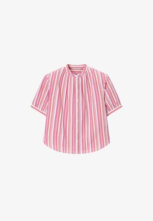 Chemise à manches courtes boutonnée avec des rayures verticales roses, blanches et orange, et un col rond.