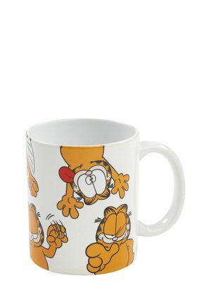 White ceramic mug featuring cartoon characters of Garfield in orange, with varying expressions and poses around the exterior.