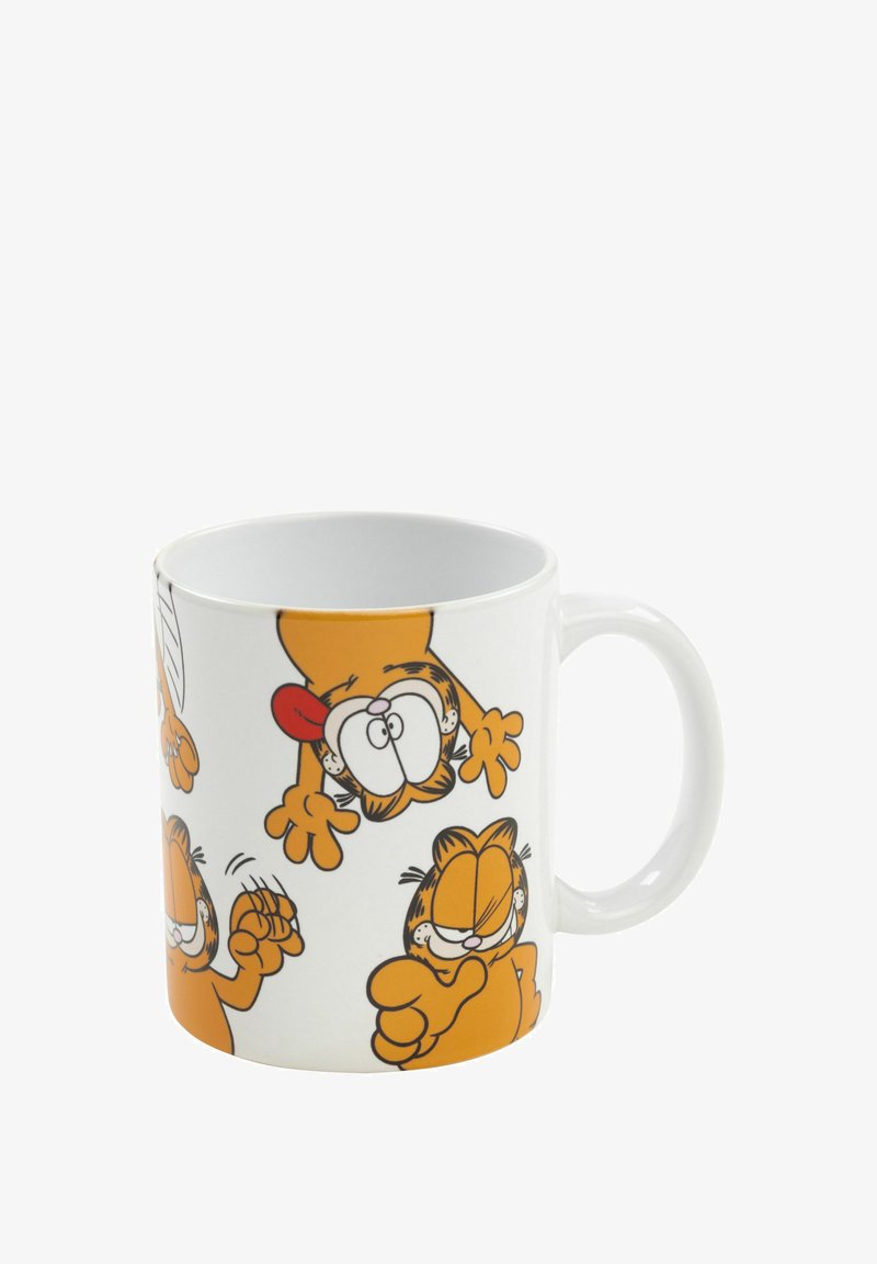 Mug in ceramica bianca con personaggi dei cartoni animati di Garfield in arancione, con espressioni e pose diverse attorno all'esterno.