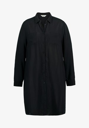 Schwarzes Hemdkleid mit langen Ärmeln, zwei Brusttaschen und geradem Schnitt. Hergestellt aus leichtem Stoff mit glatter Textur.