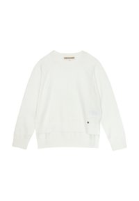 Maglione bianco lavorato a maglia con un motivo testurizzato, polsini e vita a costine. Presenta un piccolo logo all'orlo. Collo rotondo e vestibilità comoda.