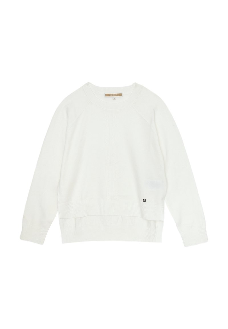 Maglione bianco lavorato a maglia con un motivo testurizzato, polsini e vita a costine. Presenta un piccolo logo all'orlo. Collo rotondo e vestibilità comoda.