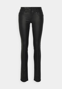 Mustat farkut, joissa on kapea malli, valmistettu sileästä ja joustavasta materiaalista. Sisältää klassisen viisi-taskun muotoilun, nappikiinnityksen ja hillityt saumat.