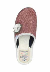 Fuzzy pink slipper with flower accent, soft textile upper, cream lining, and non-slip sole. Brand label visible on the insole.