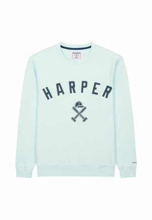 Sudadera azul claro con texto "HARPER" y un gráfico centrado en la parte delantera de bates cruzados y una gorra, cuello redondo y mangas largas.