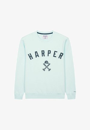 Felpa azzurro chiaro con la scritta "HARPER" e una grafica centrale di mazze da baseball incrociate e un berretto, collo rotondo e maniche lunghe.