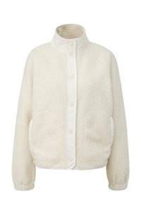 Veste en polaire crème avec col montant et fermeture à pression. Dotée de poches latérales et de poignets élastiques pour un ajustement confortable.
