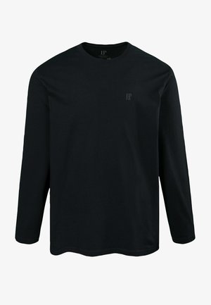 T-shirt a maniche lunghe nera in cotone. Presenta un colletto rotondo e un logo sottile sul petto. Texture liscia e vestibilità rilassata.