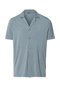 Košile s krátkým rukávem a knoflíkovým zapínáním v světle modré barvě, vyrobená z prodyšné tkaniny s jemnou texturou, vybavená klasickým plochým límcem a pěti knoflíky.