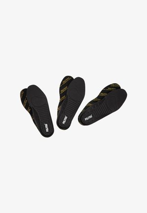 Black insoles with textured surface, featuring yellow printed branding "POLYOUS." Contoured shape for comfort and support.