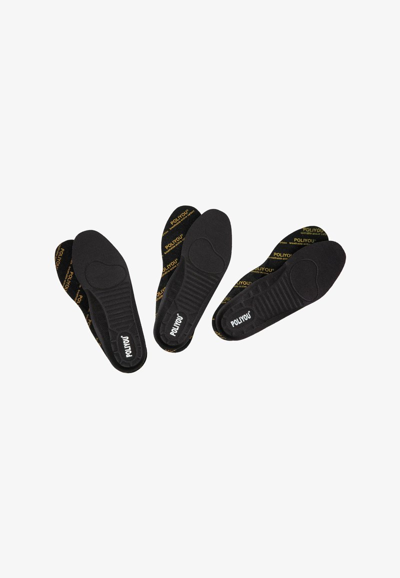 Semelles noires avec surface texturée, arborant le logo imprimé jaune "POLYOUS". Forme profilée pour le confort et le soutien.