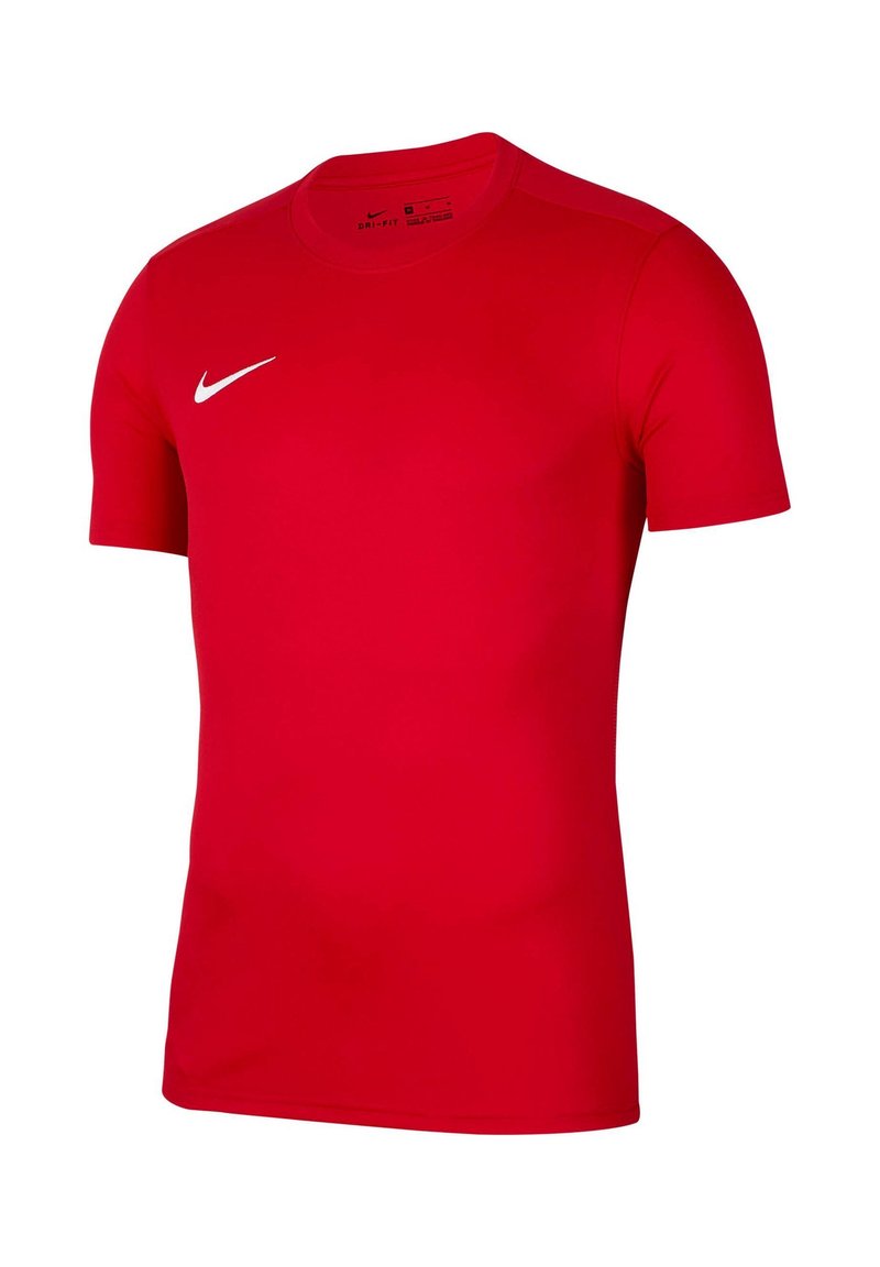 T-shirt de sport rouge Nike Dri-Fit à manches courtes avec le logo blanc Nike sur la poitrine droite, présenté sur un fond blanc.