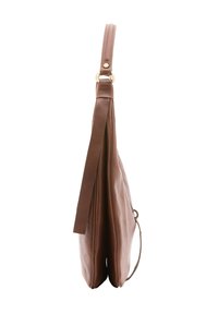 Borsa a spalla in pelle marrone con finitura texturizzata. Presenta una lunga tracolla, hardware dorato e un design elegante e piatto.