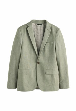 Hellgrüner Blazer mit einem Knopf, mit Spitze am Revers, gemustertem Innenfutter und Pattentaschen auf beiden Seiten.