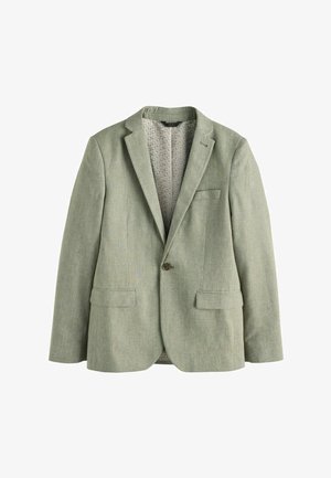 Light green single-button blazer with notch lapels, patterned inner lining, and flap pockets on both sides.