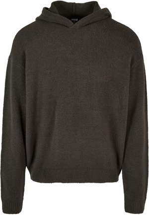 Sweat à capuche en maille gris foncé avec manches longues, poignets et ourlet côtelés, présenté à plat sans ornements ni logos.