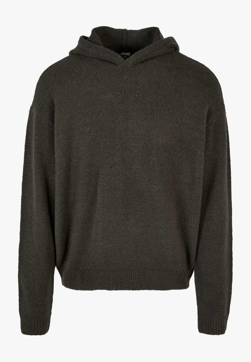 Sweat à capuche en maille gris foncé avec manches longues, poignets et ourlet côtelés, présenté à plat sans ornements ni logos.