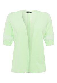 Hellgrüner, kurzärmeliger Cardigan mit V-Ausschnitt und offener Vorderseite. Das Material ist weich und leicht und hat eine glatte Textur. Markenlabel sichtbar.