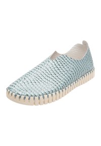 Light blue slip-on shoe featuring a textured, scaled pattern with a rounded toe and white rubber sole, highlighted by stitching detailing.