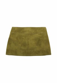 Olivgrüner Wildleder-Minirock mit glatter Textur, einfachem Design, geradem Saum und kontrastierenden weißen Nähakzenten.