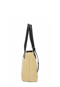 Sac en osier naturel avec un corps en paille beige et des anses en cuir noir. Doté d'un dessus rond et d'une surface texturée. Agrémenté de liens.