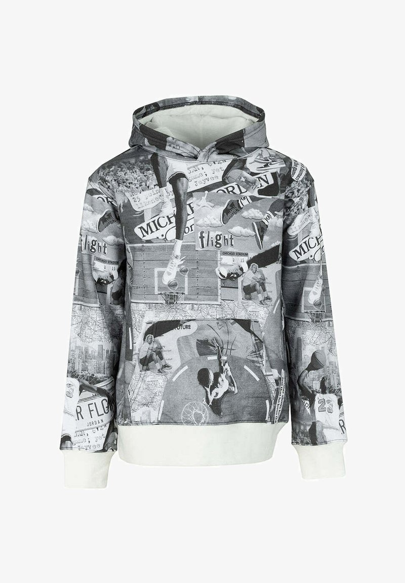 Felpa con cappuccio caratterizzata da una stampa collage in bianco e nero con temi di basket, mappe e vari elementi grafici. Interno morbido.