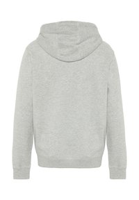 Gray hooded sweatshirt, made from soft fabric, featuring a kangaroo pocket and ribbed cuffs. Smooth texture with a relaxed fit.