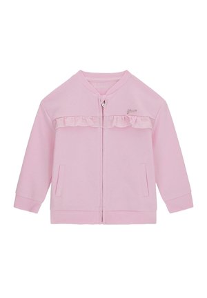 Giacca rosa chiaro con zip, dettaglio di volant sul petto, polsini e orlo a coste, e tasche laterali discrete.