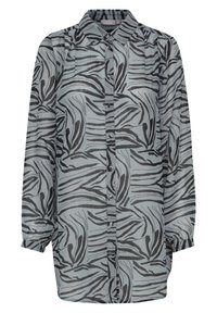 Button-up Hemd aus leichtem Material mit einem schwarzen und grauen Zebramuster, mit Kragen und langen Ärmeln.