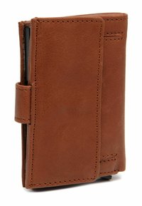 Portafoglio in pelle marrone con superficie texture, forma rettangolare, bordi cuciti e una piccola tasca laterale per riporre carte o contante.