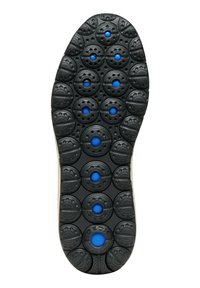 Suola nera della scarpa con modelli a zig-zag circolari e accenti blu circolari, caratterizzata dal nome del marchio Geox e dalla marcatura di brevetto italiano vicino al tallone.