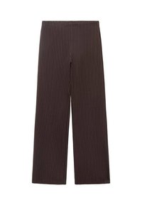 Bruine wijde broek met verticale witte strepen, met een zachte textuur en een elastische tailleband voor een comfortabele pasvorm.