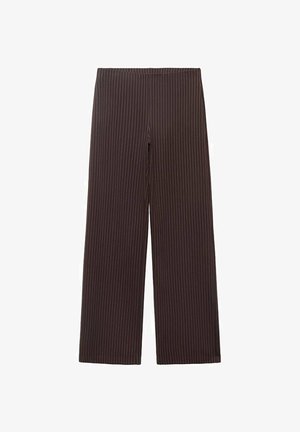 Bruine wijde broek met verticale witte strepen, met een zachte textuur en een elastische tailleband voor een comfortabele pasvorm.
