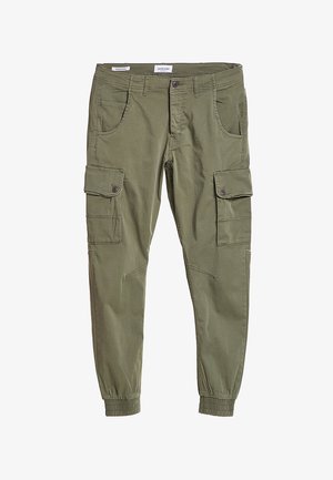 Olive green cargo pants with front pockets, buttoned side flap pockets, elastic cuffs, and a button closure at the waist.