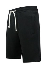 Zwarte katoenen shorts met een elastische tailleband, een witte trekkoord en twee zijzakken. Soepele textuur en knielange ontwerp.