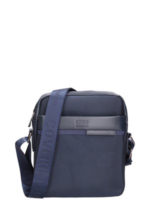 Piccola borsa a tracolla blu navy con tracolla regolabile e pannello frontale testurizzato, con marchio "Coveri active" al centro.