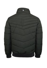 Dark green quilted jacket with ribbed cuffs and waistband, high collar, and a small black label with white text on the collar back.