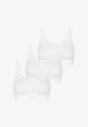 Witte katoenen bralettes, drie-pack, met een ronde halslijn, brede bandjes en een band aan de onderkant. Glad oppervlak, geen sluitingen.
