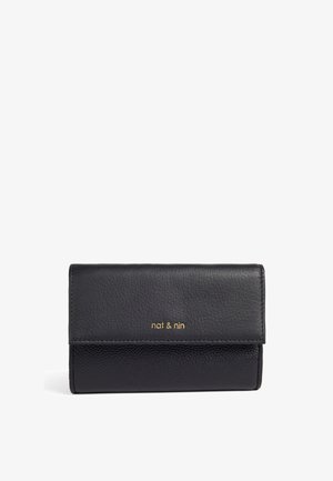Black leather wallet with a textured finish and a smooth flap. Features subtle gold branding, compact rectangular shape, minimal design.