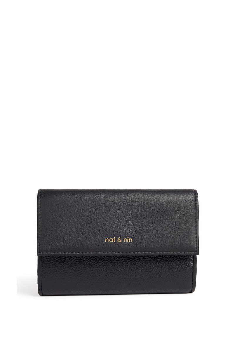 Black leather wallet with a textured finish and a smooth flap. Features subtle gold branding, compact rectangular shape, minimal design.