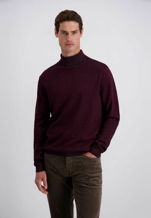 Uomo che indossa un maglione dolcevita viola scuro e pantaloni di velluto a coste marroni, in piedi con una mano in tasca su uno sfondo uniforme.