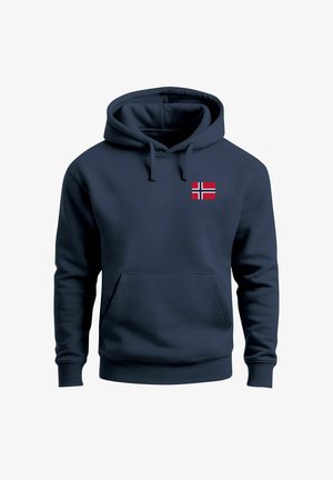 Navy blue hoodie with front pocket and Norwegian flag emblem on the left chest, featuring drawstring hood and ribbed cuffs.
