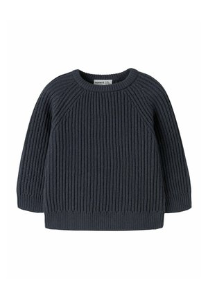 Pull pour tout-petit en maille bleu foncé avec manches longues et texture côtelée, doté d'un col rond et d'une étiquette de marque à l'intérieur.