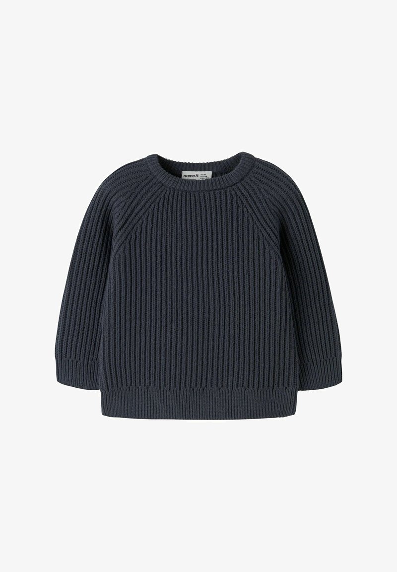 Pull pour tout-petit en maille bleu foncé avec manches longues et texture côtelée, doté d'un col rond et d'une étiquette de marque à l'intérieur.