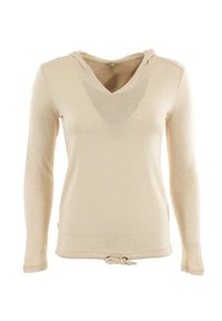 Pull à capuche beige à manches longues, avec un col en V et une taille à cordon ajustable, présenté sur fond blanc.